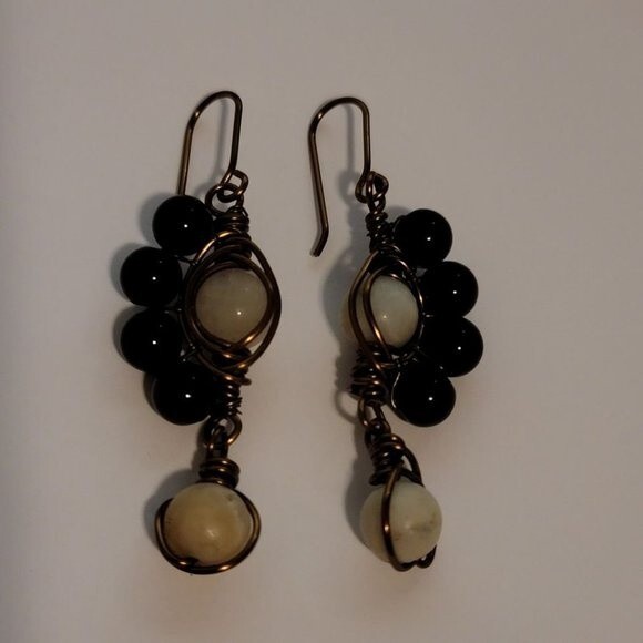 Handmade Wire Wrapped Dangle Earrings – Black & White Beaded Boho Jewelry - Picture 3 of 9